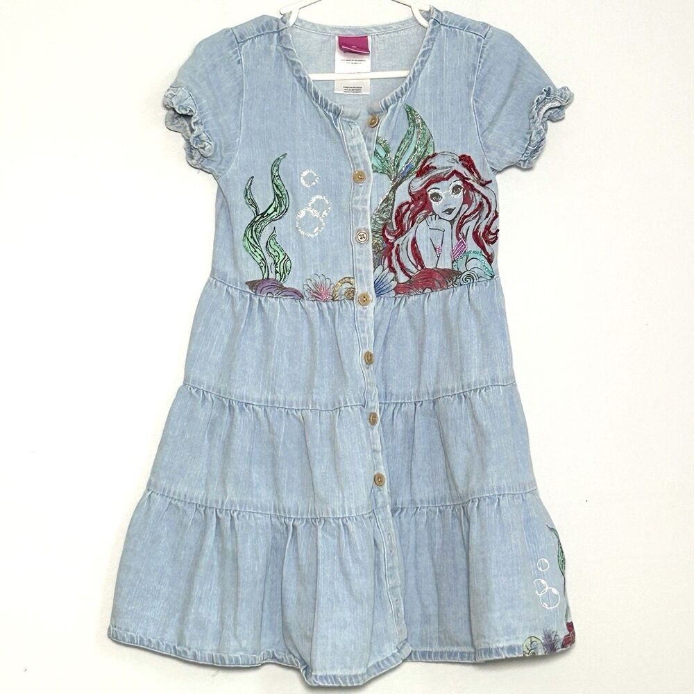 Disney Princess Ariel Chambray Dress Girls Size 5 Tiered Button Front Blue